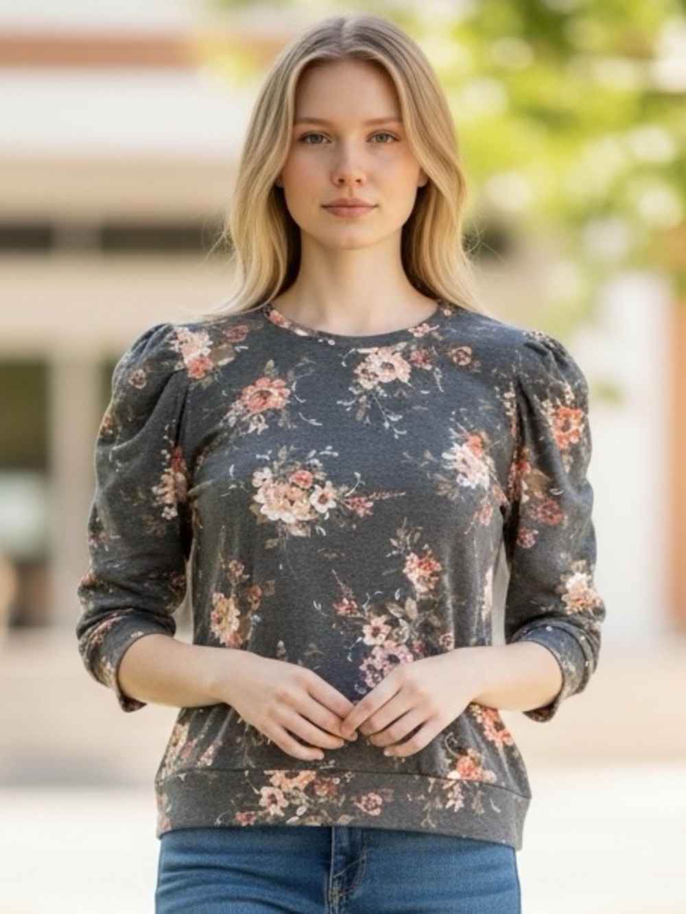 Jules & Leopold Floral Charcoal Short Sleeve Sweatshirt Size L